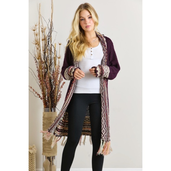 SOLD OUT Burgundy Bohemian Tribal Aztec Print Fringe Open Front Cardigan Knit - Picture 2 of 4